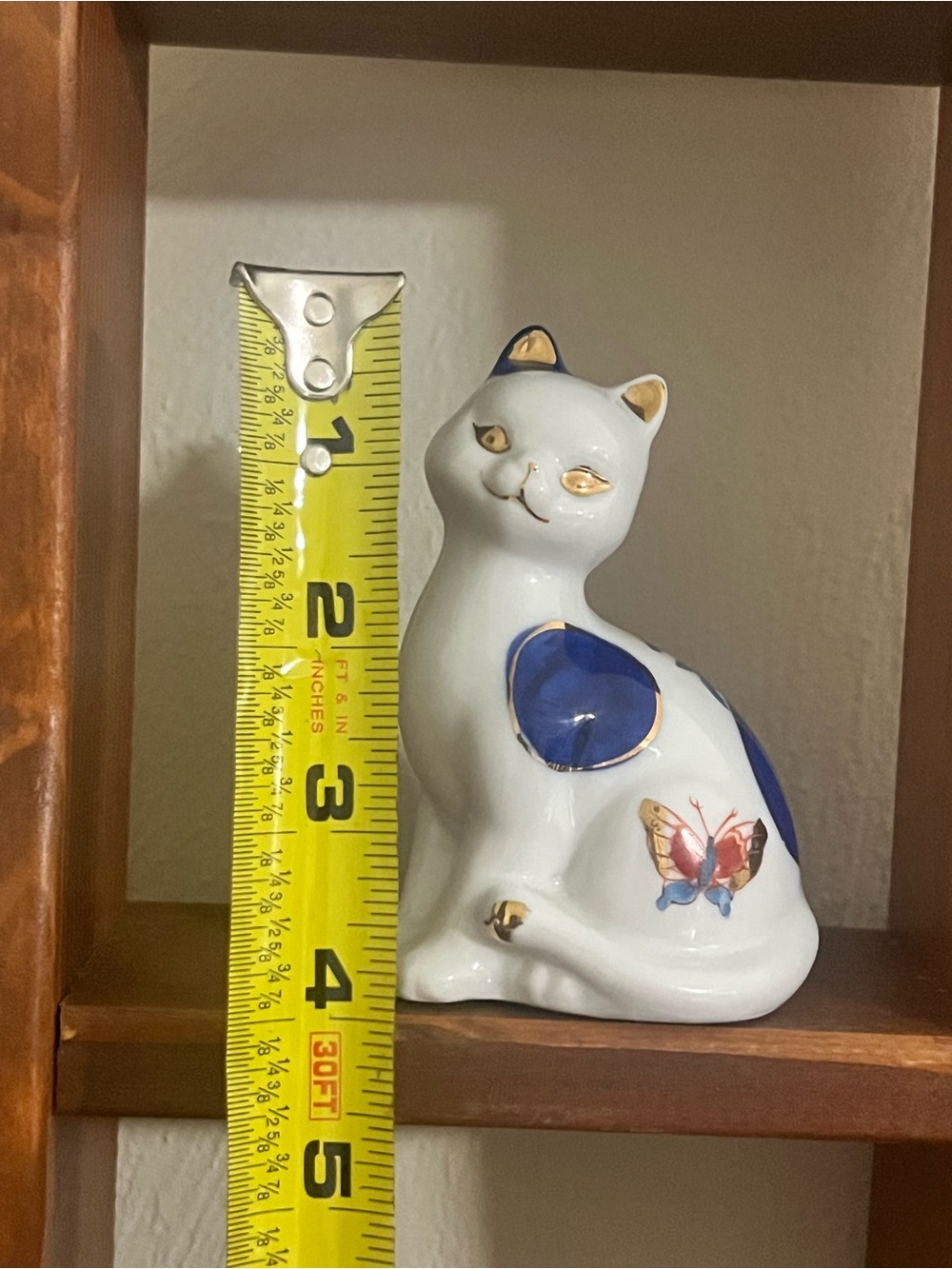 White Ceramic Cat Figurine with Blue Accents and Gold Trim - Picture 5 of 5